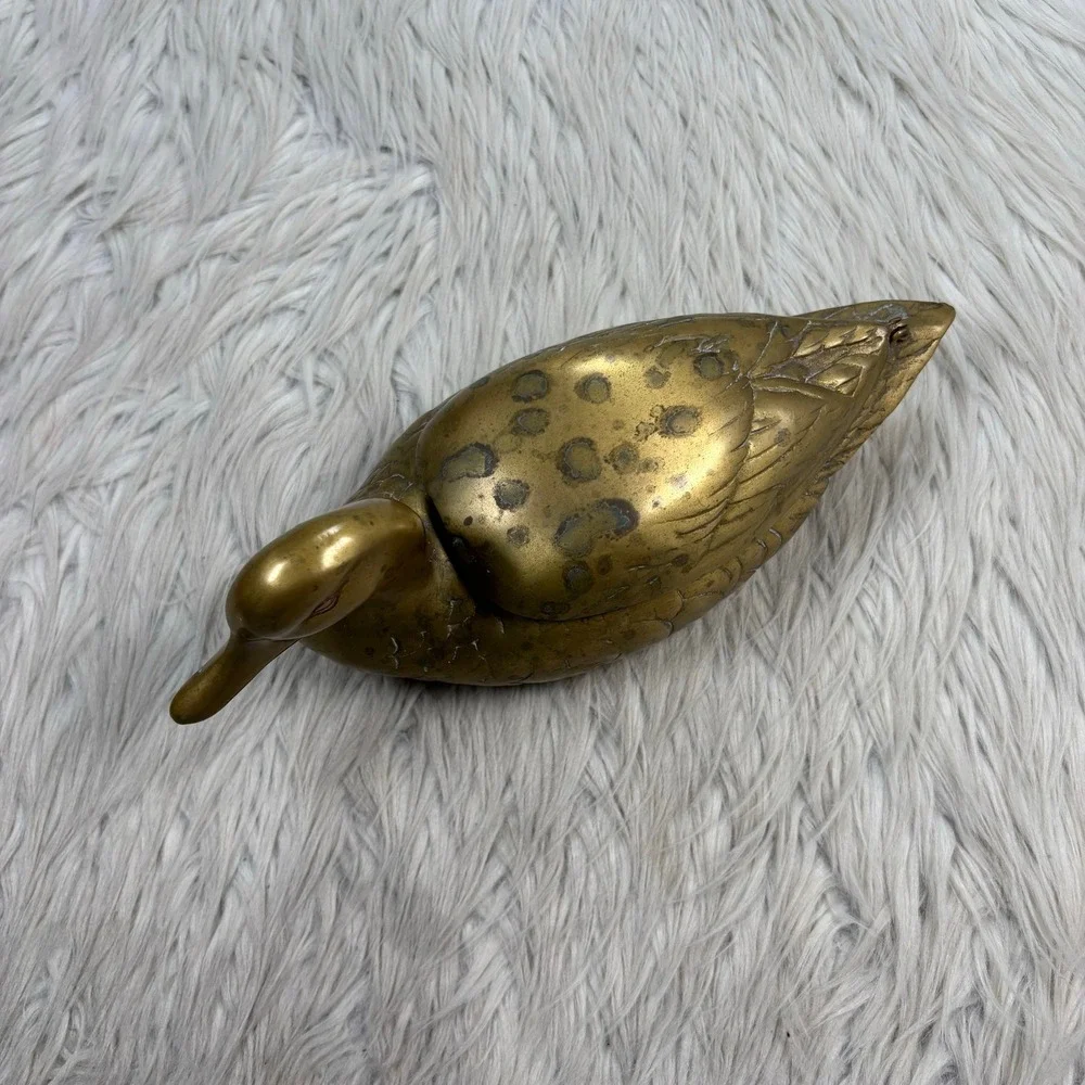Vintage MCM Brass Duck Decoy Hinge Lid Trinket Box Decor Catch All Keys Jewelry